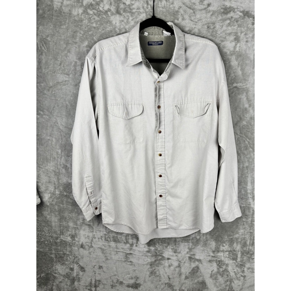 Bugle Boy Mens Large Tan Button Down Shirt Utility Workwear Minimalist Casual